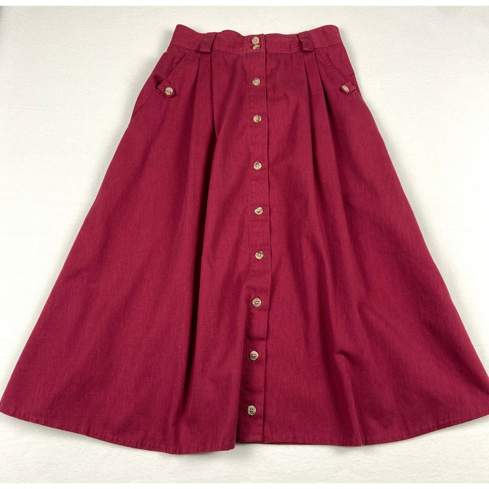 Vintage Cabin Creek Burgundy Button Front Midi Skirt Elastic Waist Red Size 10
